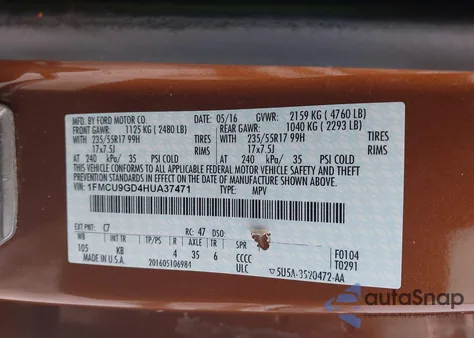 2017 Ford Escape Se z USA, uszkodzony, nr VIN 1FMCU9GD4HUA37471